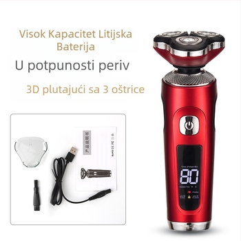Muški električni brijač – rotirajuća glava s 3 oštrice; mokro i suho brijanje; ugrađena baterija 500–800 mAh; vrijeme punjenja 1 sat; trajanje do ~80 minuta.