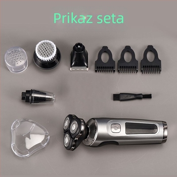 Muški električni brijač – rotirajuća glava s 3 oštrice; mokro i suho brijanje; ugrađena baterija 500–800 mAh; vrijeme punjenja 1 sat; trajanje do ~80 minuta.