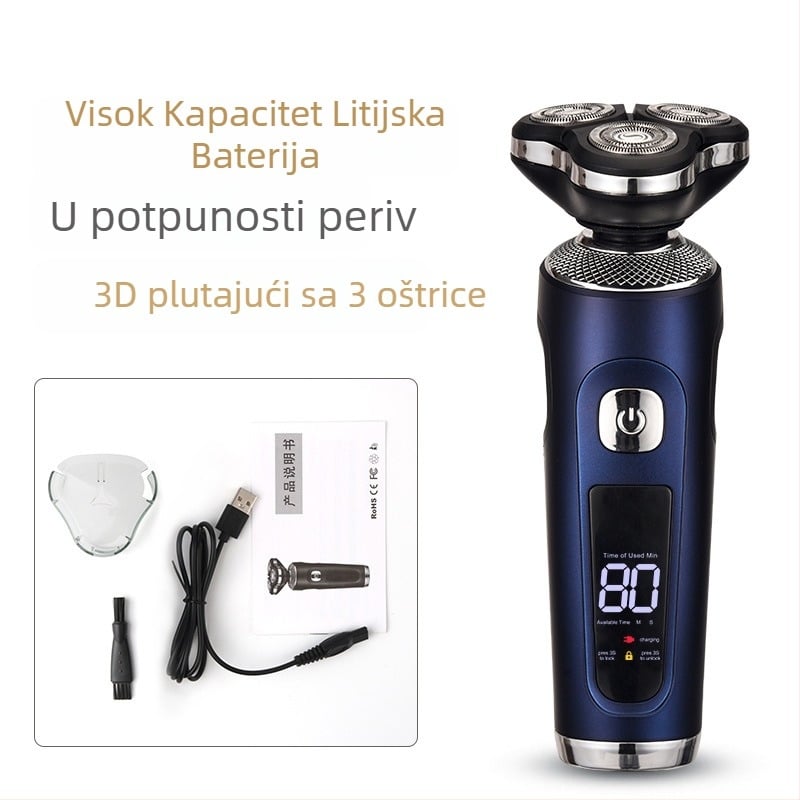 Muški električni brijač – rotirajuća glava s 3 oštrice; mokro i suho brijanje; ugrađena baterija 500–800 mAh; vrijeme punjenja 1 sat; trajanje do ~80 minuta.