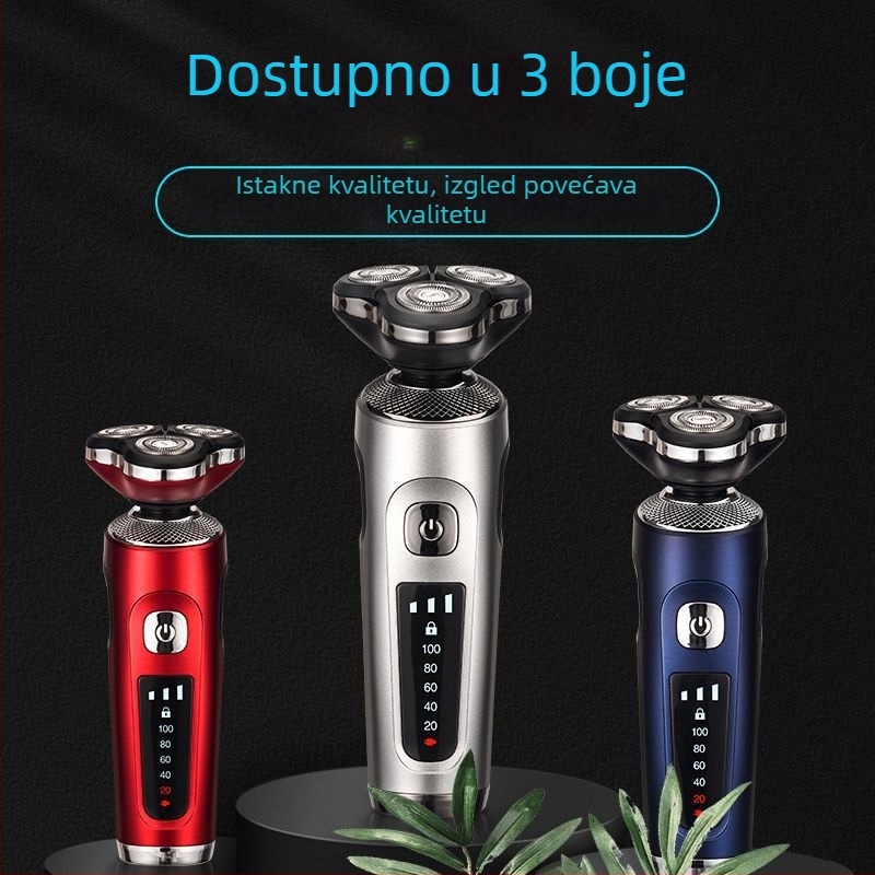 Muški električni brijač – rotirajuća glava s 3 oštrice; mokro i suho brijanje; ugrađena baterija 500–800 mAh; vrijeme punjenja 1 sat; trajanje do ~80 minuta.
