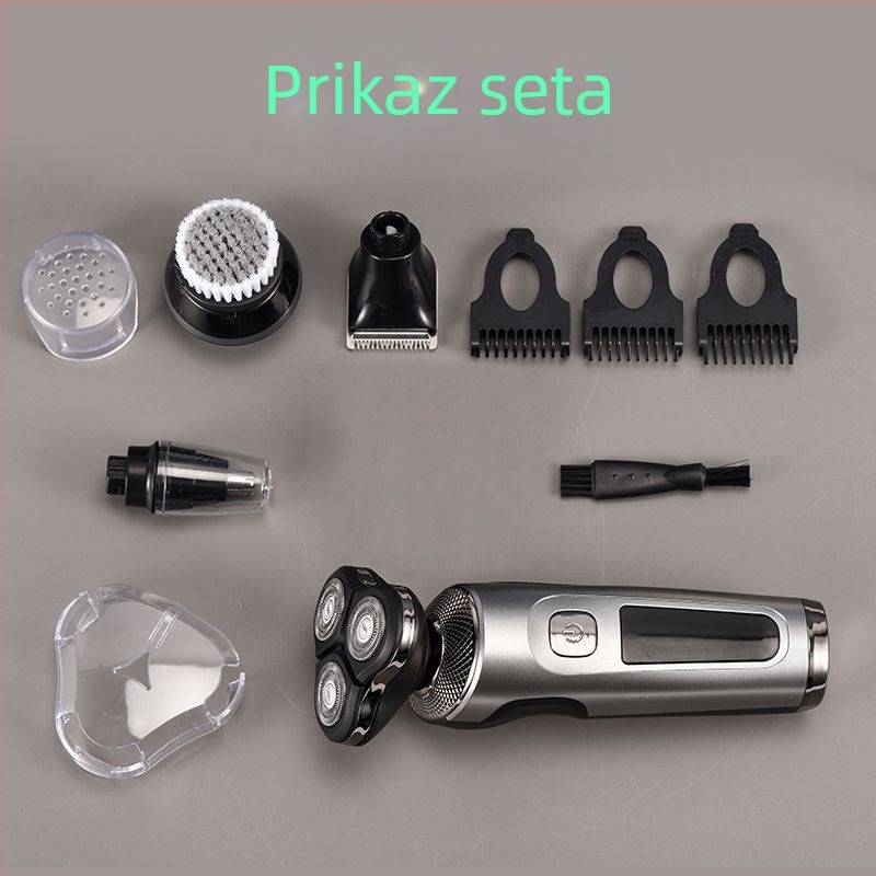 Muški električni brijač – rotirajuća glava s 3 oštrice; mokro i suho brijanje; ugrađena baterija 500–800 mAh; vrijeme punjenja 1 sat; trajanje do ~80 minuta.