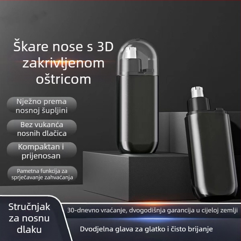 Napajani električni trimer za nos s odvojivom perivom glavom – vodootporan, ugrađena baterija 300–500 mAh, trajanje baterije 30+ dana