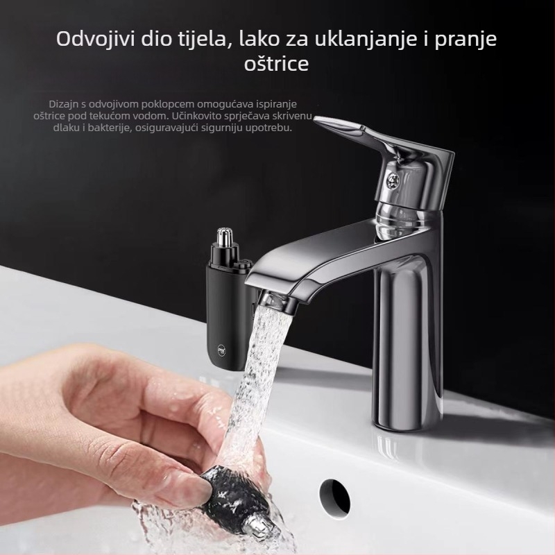 Napajani električni trimer za nos s odvojivom perivom glavom – vodootporan, ugrađena baterija 300–500 mAh, trajanje baterije 30+ dana