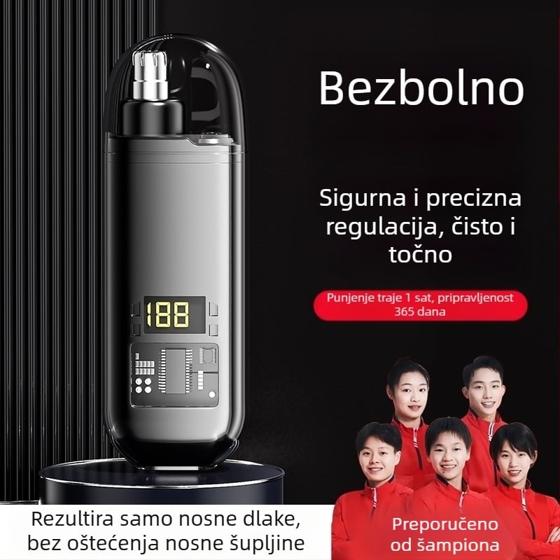 Električni trimer za nosne dlačice, punjivi, glava s odvajanjem i periva, može prati pod vodom, ugrađena baterija 100–300 mAh, trajanje baterije 50 dana ili više