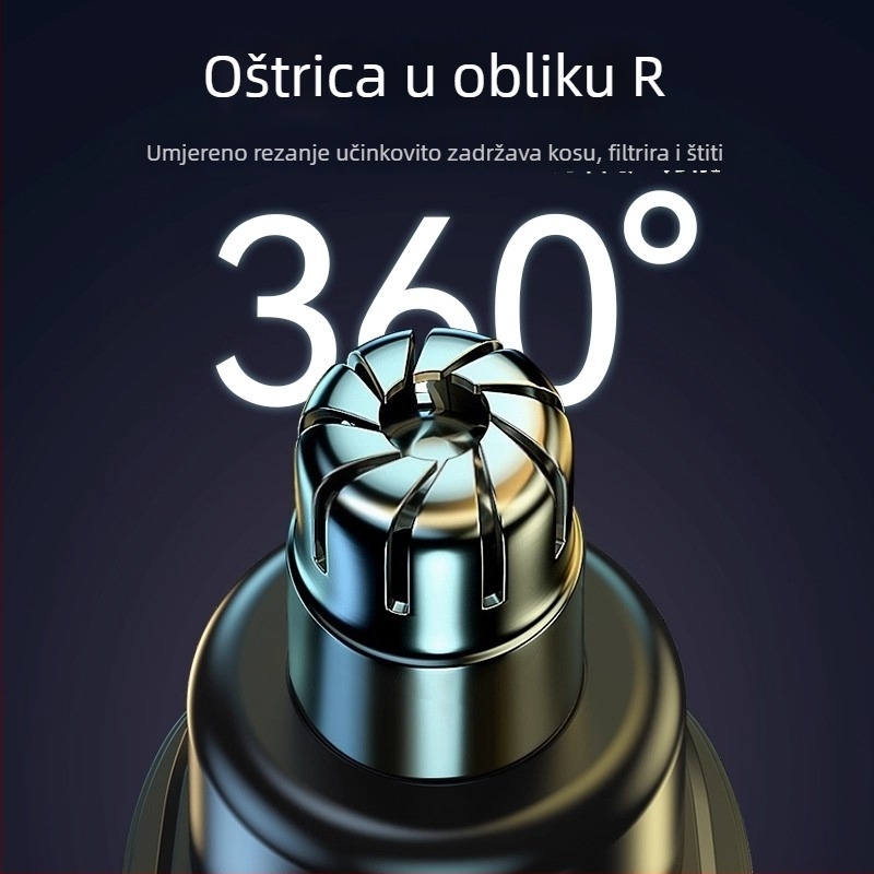Električni trimer za nosne dlačice, punjivi, glava s odvajanjem i periva, može prati pod vodom, ugrađena baterija 100–300 mAh, trajanje baterije 50 dana ili više