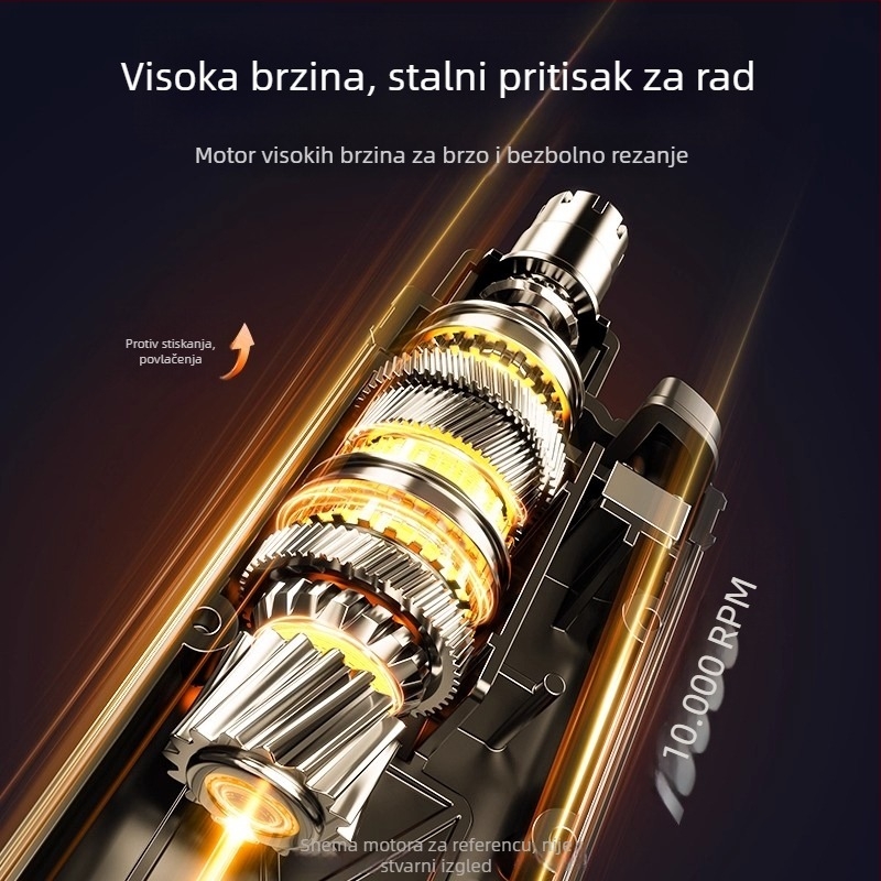 Električni trimer za nosne dlačice, punjivi, glava s odvajanjem i periva, može prati pod vodom, ugrađena baterija 100–300 mAh, trajanje baterije 50 dana ili više