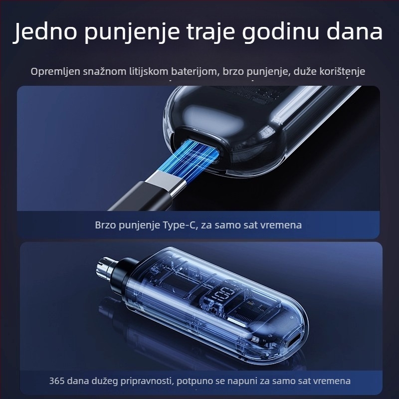 Električni trimer za nosne dlačice, punjivi, glava s odvajanjem i periva, može prati pod vodom, ugrađena baterija 100–300 mAh, trajanje baterije 50 dana ili više