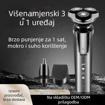 Električni brijač s plutajućom glavom i trostrukom rotirajućom glavom, ugrađena baterija 500-800 mAh, potpuno vodootporan, LED zaslon