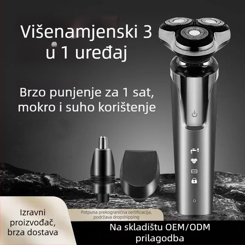 Električni brijač s plutajućom glavom i trostrukom rotirajućom glavom, ugrađena baterija 500-800 mAh, potpuno vodootporan, LED zaslon