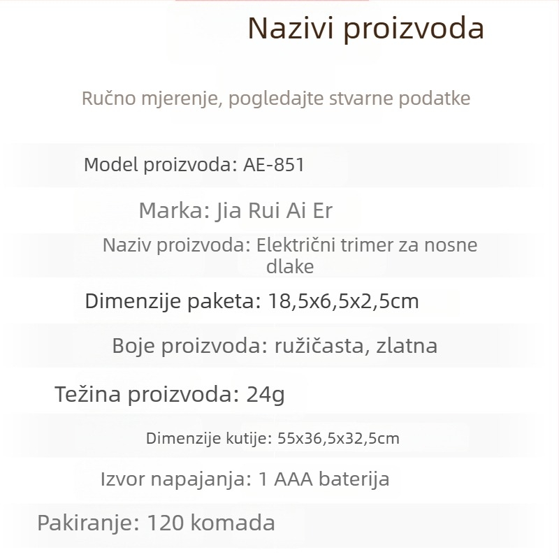 Električni trimer nosnih dlačica – ABS kućište, baterijsko napajanje, prenosno, 24 g, nije za pranje
