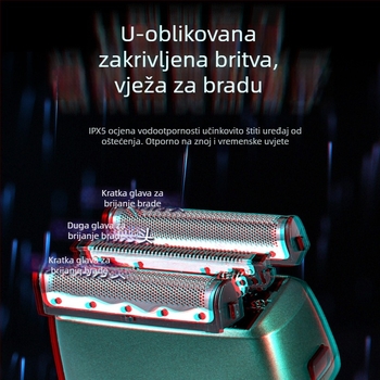 Električna britvica s recirkirajućom 3-ostrugom glavom, ugrađena baterija 500–800 mAh, 60 minuta rada, prenosna, periva