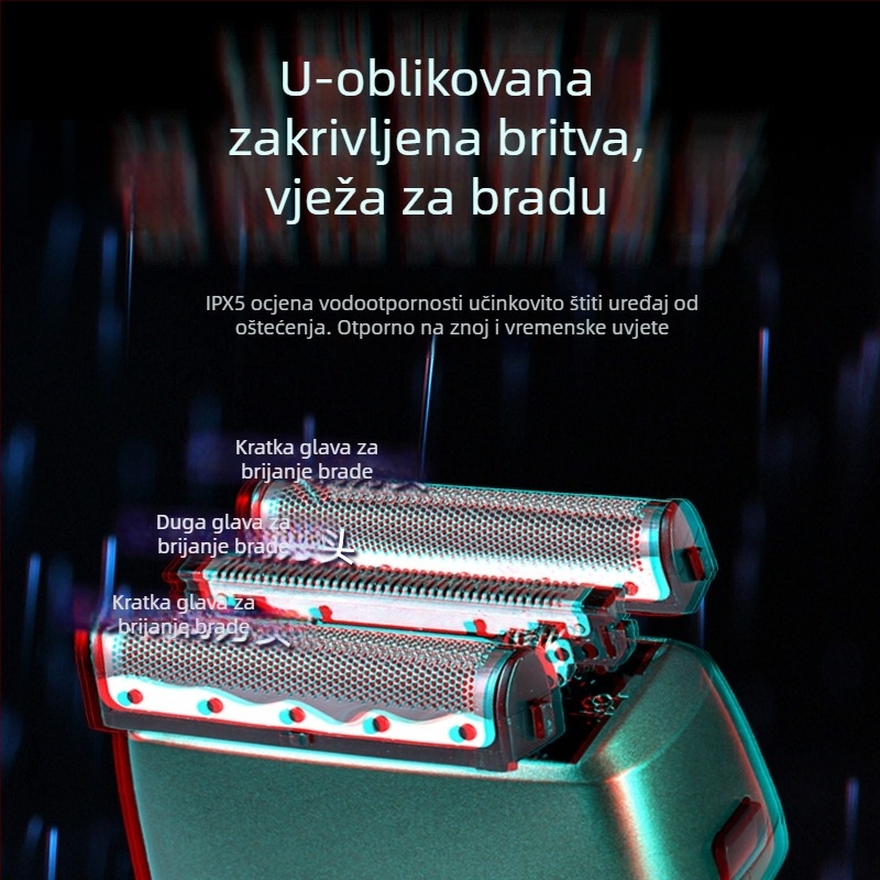 Električna britvica s recirkirajućom 3-ostrugom glavom, ugrađena baterija 500–800 mAh, 60 minuta rada, prenosna, periva