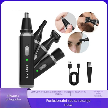 Set ljepote: višestruki trimer i alat za njegu nosa, USB punjenje, ugrađena baterija 500–800 mAh, trajanje baterije preko 30 dana, glava za rezanje odvojiva i periva