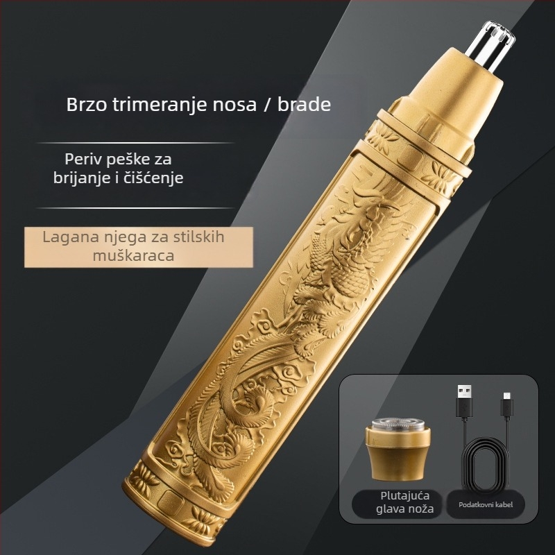 Dva-u-jednom trimer za nos i obrve, napajanje putem punjenja, ugrađena baterija 100–300 mAh, ABS kućište, zamjenjiva oštrica glavice