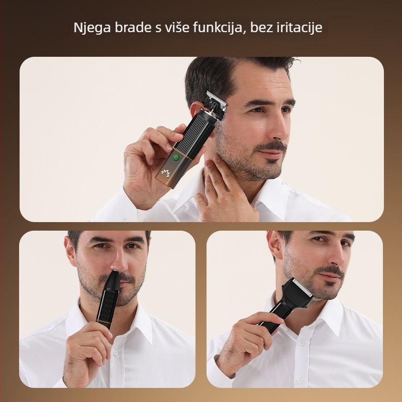 Muški 3-u-1 set njege: električni brijač, šišač za kosu i trimer za nos; punjiv; odvojiva i periva glava za rez; oštrice od nehrđajućeg čelika; ugrađena baterija 500–800 mAh; radno vrijeme 1–3 h; model 270