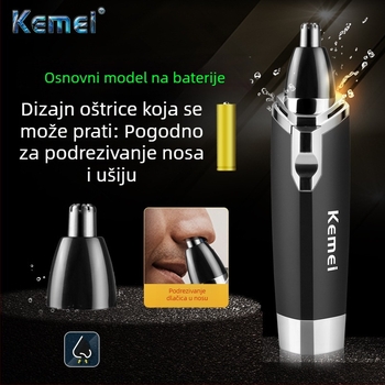 Kemei električni trimer za nos, oštrica od nehrđajućeg čelika, 360° periva glava, napajanje suhom baterijom