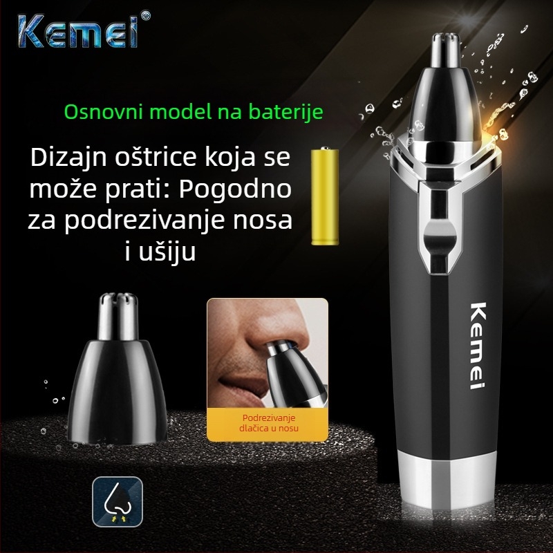 Kemei električni trimer za nos, oštrica od nehrđajućeg čelika, 360° periva glava, napajanje suhom baterijom