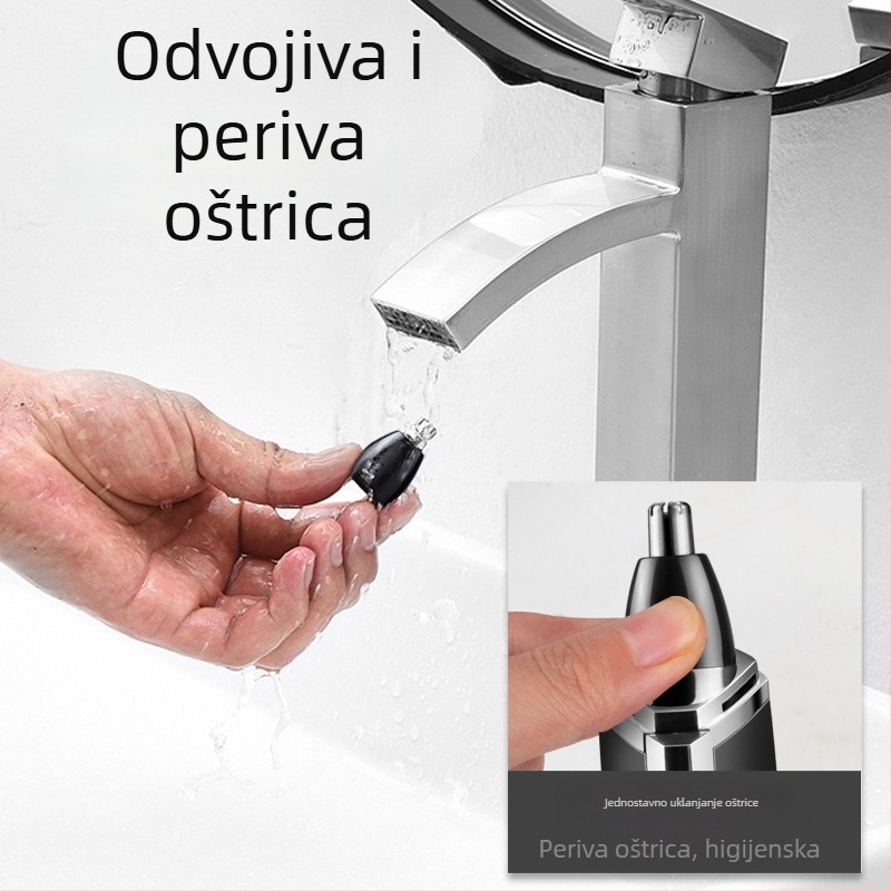 Kemei električni trimer za nos, oštrica od nehrđajućeg čelika, 360° periva glava, napajanje suhom baterijom