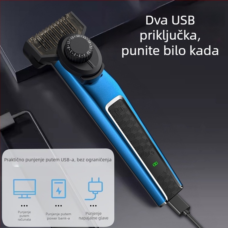 4-u-1 višenamjenski elektromos šišač kose, brijač i trimer nosnih dlačica, punjiv, ugrađena 800–1000 mAh baterija, nehrđajući čelik