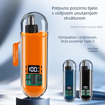 Električni trimer za nosne dlačice, s odvojivom perivom glavom, punjiv, ugrađena baterija 300-500 mAh, trajanje baterije više od 7 dana