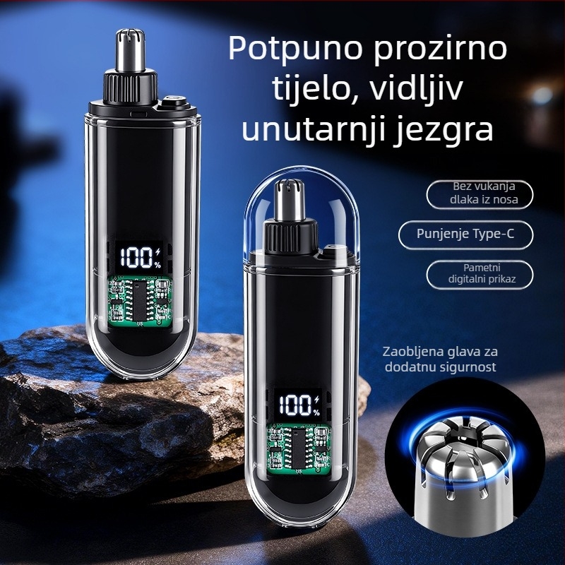 Električni trimer za nosne dlačice, s odvojivom perivom glavom, punjiv, ugrađena baterija 300-500 mAh, trajanje baterije više od 7 dana