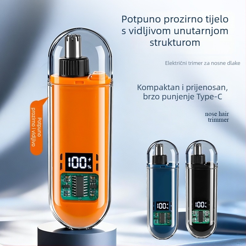 Električni trimer za nosne dlačice, s odvojivom perivom glavom, punjiv, ugrađena baterija 300-500 mAh, trajanje baterije više od 7 dana