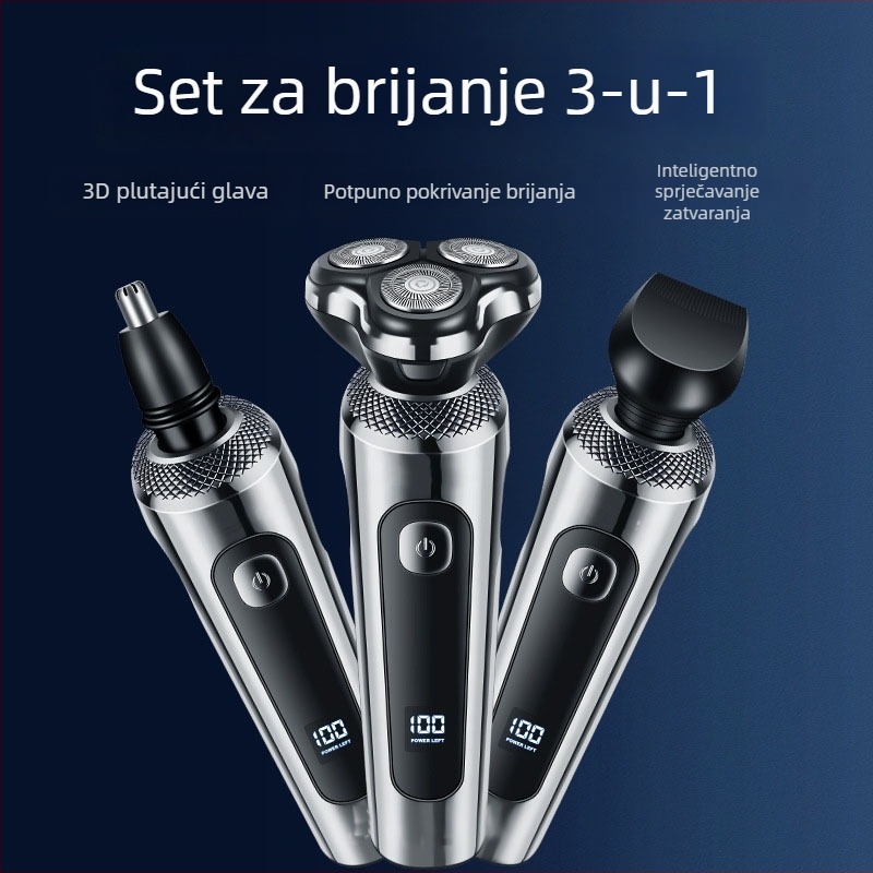 Električni brijač s plutajućom glavom od tri oštrice, potpuno periv, LED zaslon, USB punjenje, ugrađena baterija 500–800 mAh, trajanje 45–60 minuta, vrijeme punjenja 2 sata