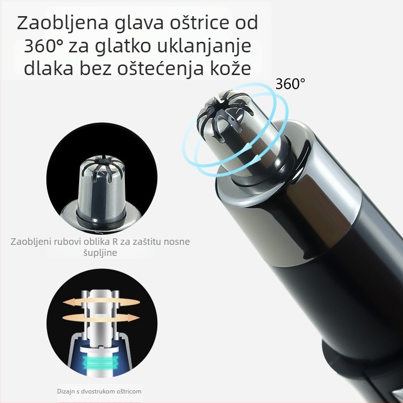 Električni trimer za nosne dlačice, odvojiva i periva glava, ugrađena baterija 500–800 mAh, trajanje baterije više od 15 dana