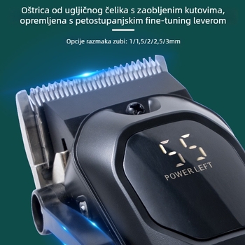 Bežični set za šišanje kose s brushless motorom, nože od titanijeve legure, ugrađena baterija 1200–2000 mAh, radni vijek 1–3 sata, digitalni zaslon.