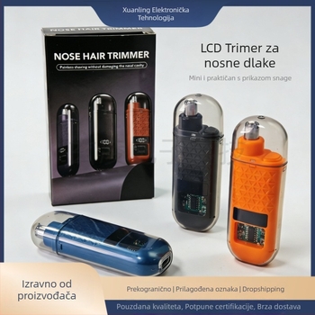 Električni trimer za nosne dlačice – punjivi, odvojiva periva glava, LCD zaslon, ugrađena 100–300 mAh baterija, trajanje baterije 7 dana