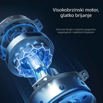 Električni brijač s rotirajućom glavom od tri oštrice, plutajuća glava, odvojiva i periva glava, mokro i suho brijanje, ugrađena baterija 500–800 mAh, vrijeme punjenja 1 sat