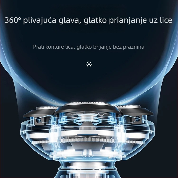 Električni brijač s rotirajućom glavom od tri oštrice, plutajuća glava, odvojiva i periva glava, mokro i suho brijanje, ugrađena baterija 500–800 mAh, vrijeme punjenja 1 sat