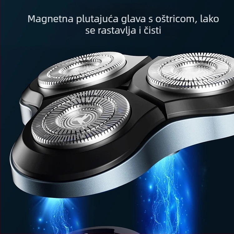 Električni brijač s rotirajućom glavom od tri oštrice, plutajuća glava, odvojiva i periva glava, mokro i suho brijanje, ugrađena baterija 500–800 mAh, vrijeme punjenja 1 sat