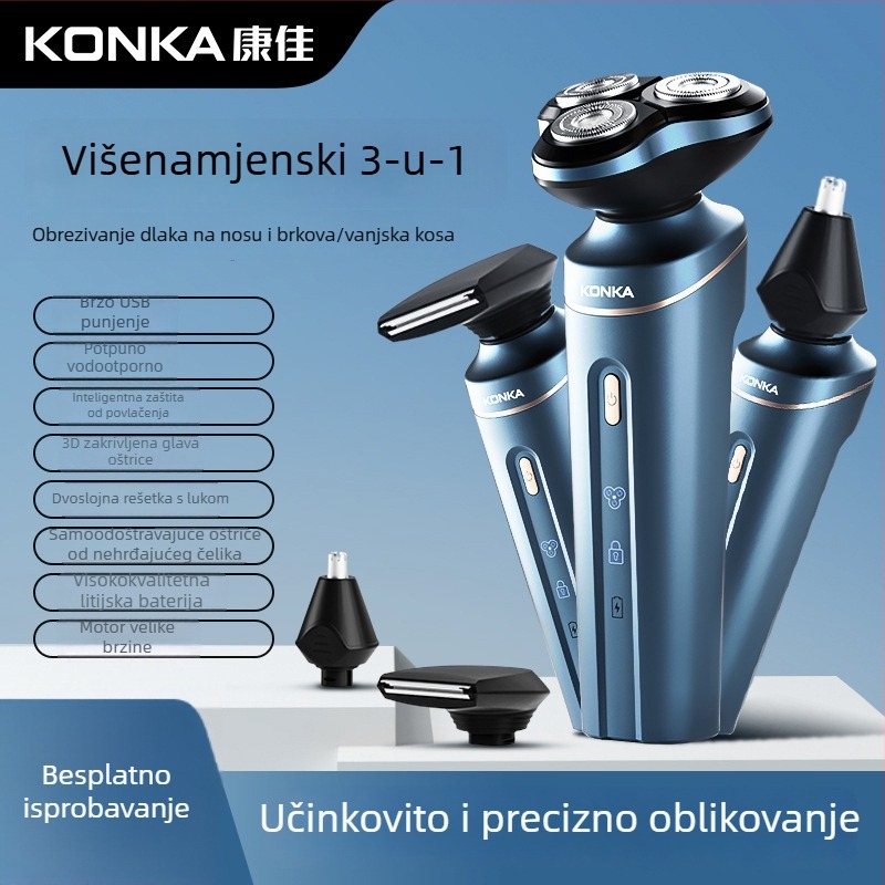 Električni brijač s rotirajućom glavom od tri oštrice, plutajuća glava, odvojiva i periva glava, mokro i suho brijanje, ugrađena baterija 500–800 mAh, vrijeme punjenja 1 sat