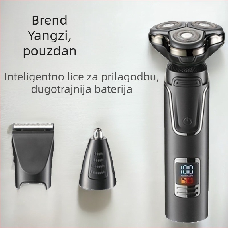 Električni brijač s rotirajućom glavom od 3 oštrice, digitalni zaslon, USB punjenje, ugrađena baterija 800-1000 mAh, 60 minuta rada, periva glavica