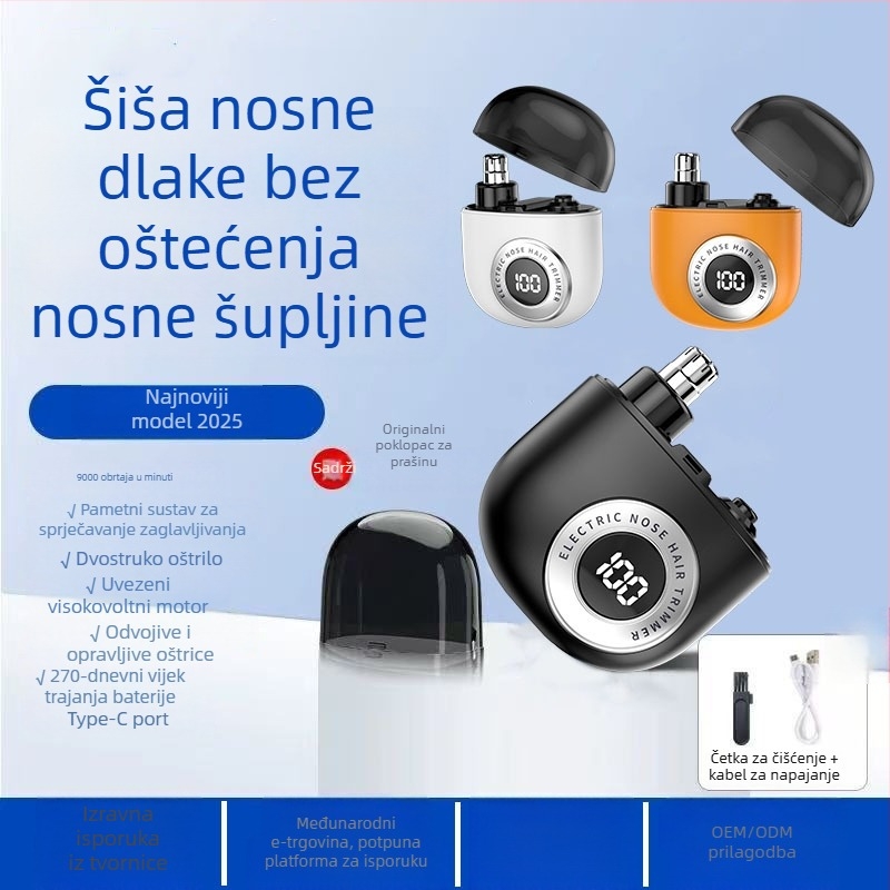 Električni trimer za nos s uklonjivom i perivom glavom, ugrađena baterija, punjivo, ABS kućište, trajanje baterije više od 15 dana