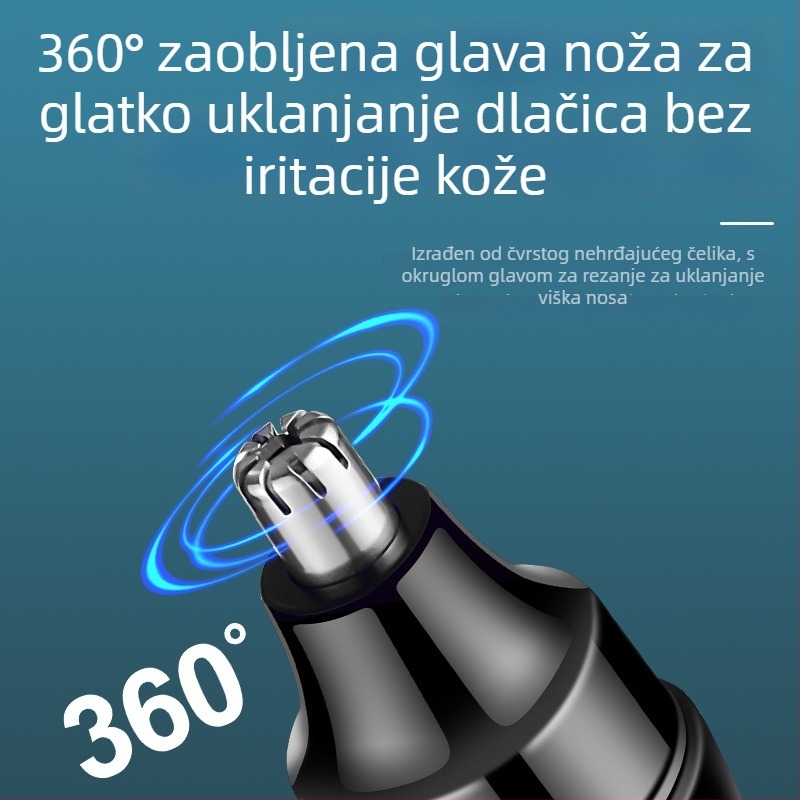 Električni trimer za nosne dlačice, punjivi, ugrađena baterija 300–500 mAh, trajanje baterije 30 dana ili više, odvojiva periva oštrica, vodootporan za pranje
