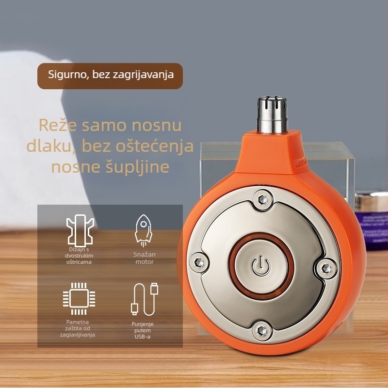 Kompaktni električni trimer za nosne dlačice s ugrađenom baterijom, trajanje rada više od 7 dana, vrijeme punjenja 1,5 h