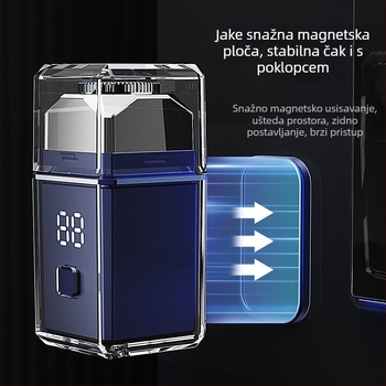 Električni brijač s rotirajućom glavom od 4 oštrice, vodootporan za cijelo tijelo i LED zaslonom, punjiva ugrađena baterija 300–500 mAh; do 60 dana trajanja baterije i 60+ minuta rada