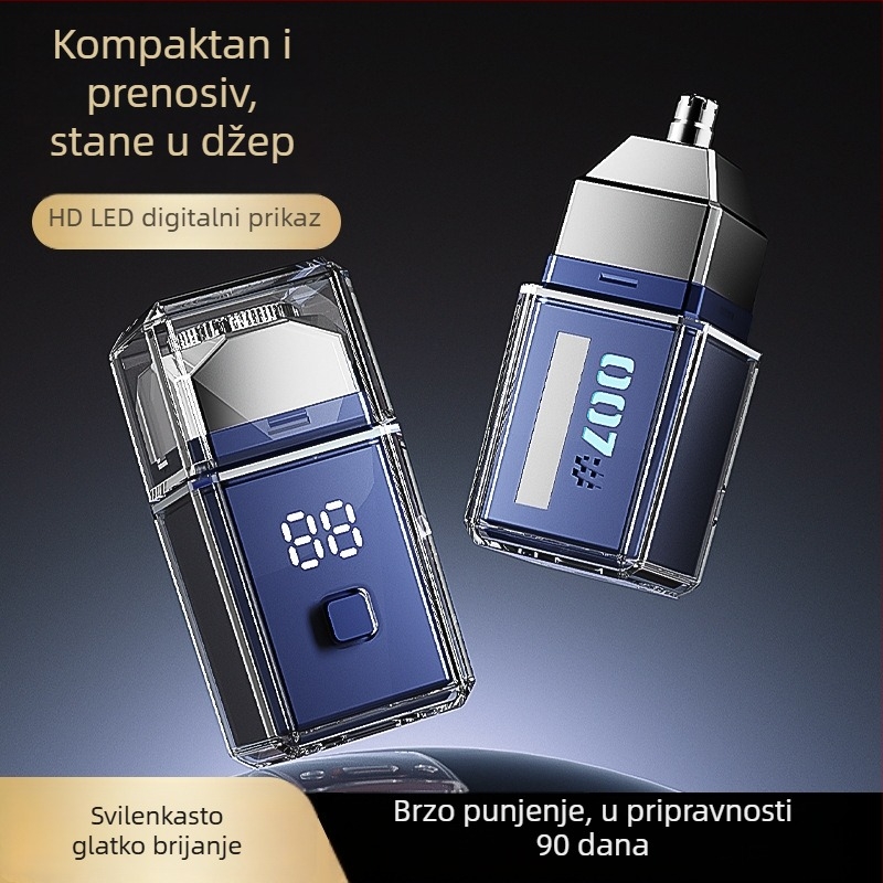 Električni brijač s rotirajućom glavom od 4 oštrice, vodootporan za cijelo tijelo i LED zaslonom, punjiva ugrađena baterija 300–500 mAh; do 60 dana trajanja baterije i 60+ minuta rada