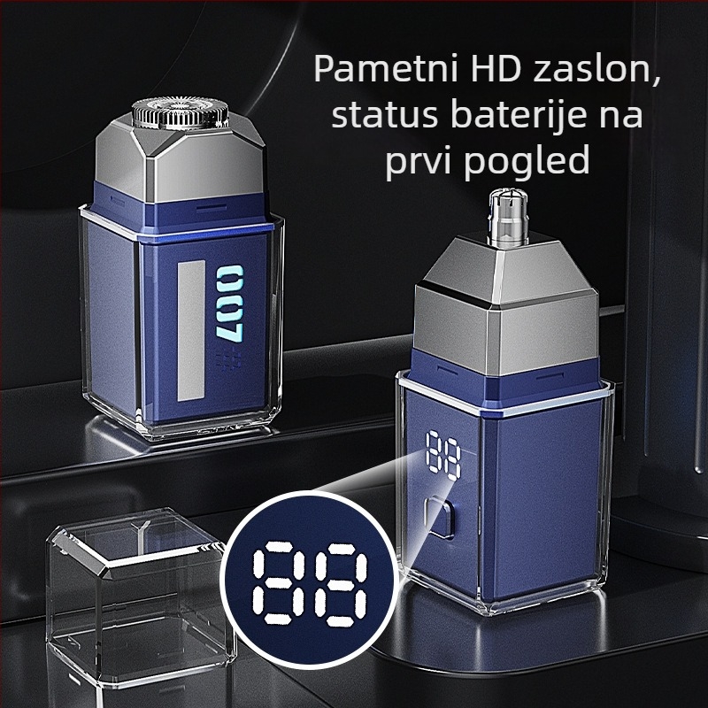 Električni brijač s rotirajućom glavom od 4 oštrice, vodootporan za cijelo tijelo i LED zaslonom, punjiva ugrađena baterija 300–500 mAh; do 60 dana trajanja baterije i 60+ minuta rada