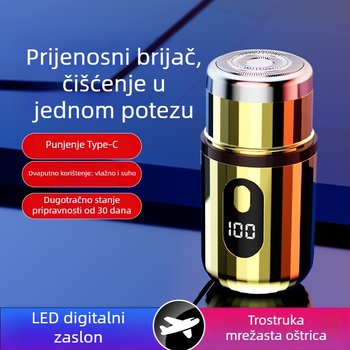 Cilindrični električni brijač s LED zaslonom, prenosni, 1 rotacijska glava, odvojiva i periva glava, ugrađena baterija 300–500 mAh, buka do 36 dB