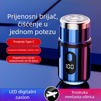 Cilindrični električni brijač s LED zaslonom, prenosni, 1 rotacijska glava, odvojiva i periva glava, ugrađena baterija 300–500 mAh, buka do 36 dB