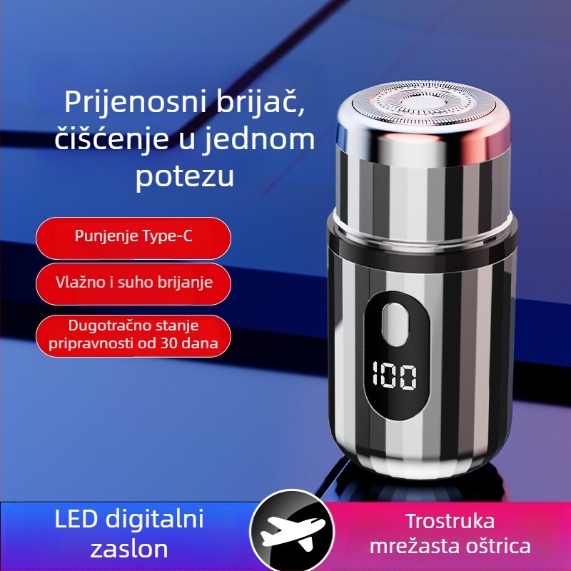 Cilindrični električni brijač s LED zaslonom, prenosni, 1 rotacijska glava, odvojiva i periva glava, ugrađena baterija 300–500 mAh, buka do 36 dB