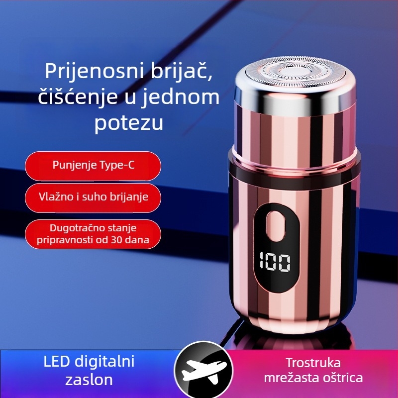 Cilindrični električni brijač s LED zaslonom, prenosni, 1 rotacijska glava, odvojiva i periva glava, ugrađena baterija 300–500 mAh, buka do 36 dB