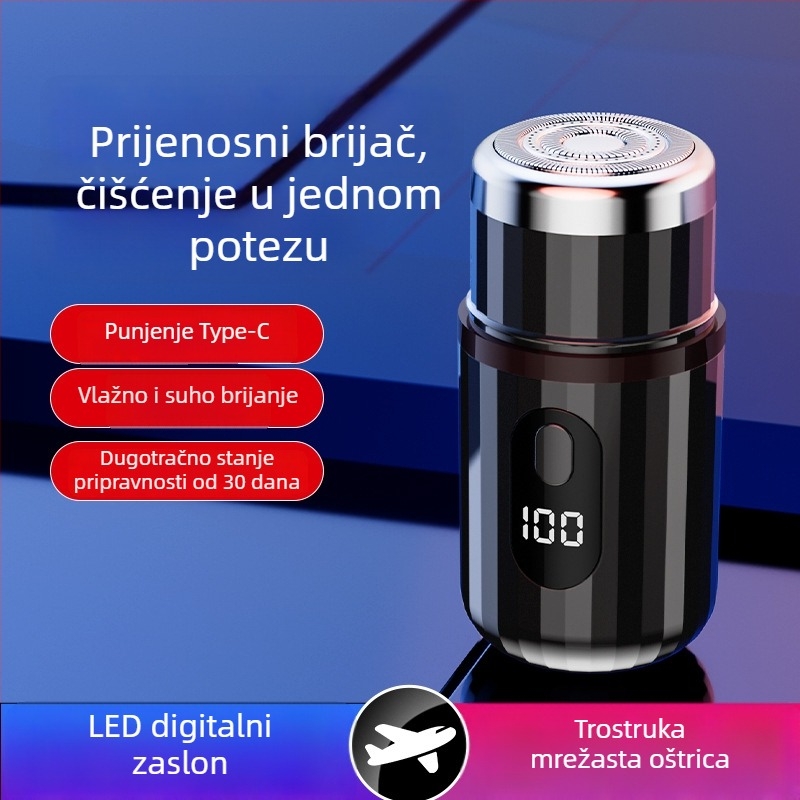 Cilindrični električni brijač s LED zaslonom, prenosni, 1 rotacijska glava, odvojiva i periva glava, ugrađena baterija 300–500 mAh, buka do 36 dB