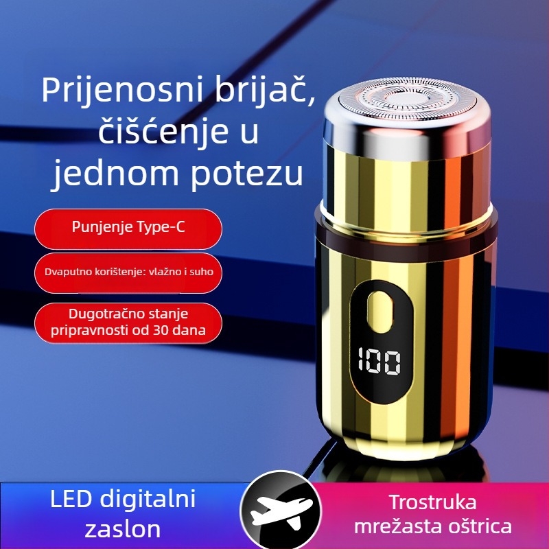 Cilindrični električni brijač s LED zaslonom, prenosni, 1 rotacijska glava, odvojiva i periva glava, ugrađena baterija 300–500 mAh, buka do 36 dB