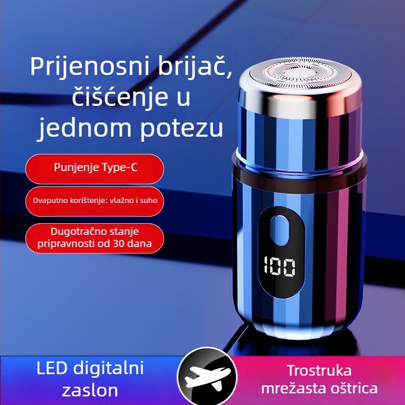 Cilindrični električni brijač s LED zaslonom, prenosni, 1 rotacijska glava, odvojiva i periva glava, ugrađena baterija 300–500 mAh, buka do 36 dB