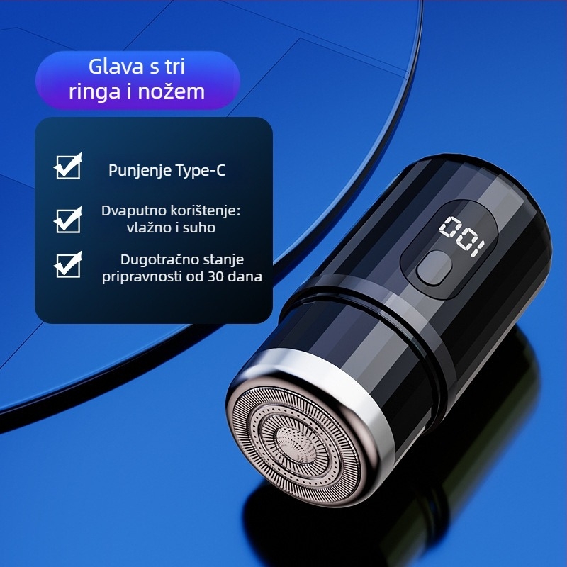 Cilindrični električni brijač s LED zaslonom, prenosni, 1 rotacijska glava, odvojiva i periva glava, ugrađena baterija 300–500 mAh, buka do 36 dB