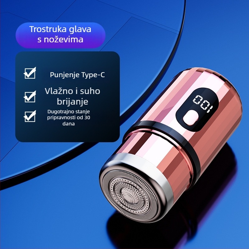Cilindrični električni brijač s LED zaslonom, prenosni, 1 rotacijska glava, odvojiva i periva glava, ugrađena baterija 300–500 mAh, buka do 36 dB